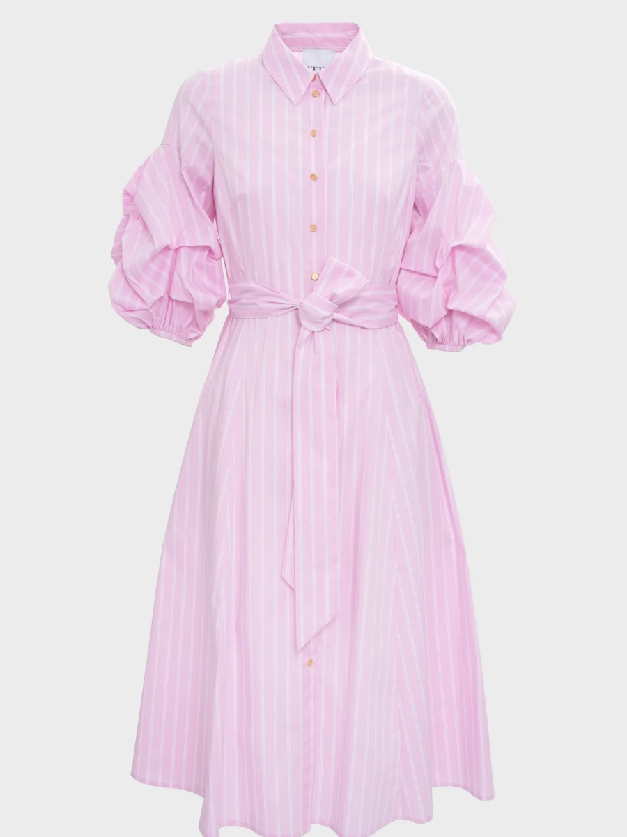 Pink Striped Puff Sleeve Shirt Dress With Tie Waist | Midi Cotton Dress