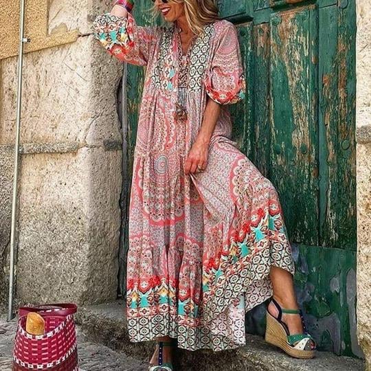 Attractive Vintage Print V - Neck Maxi Dress - allsose