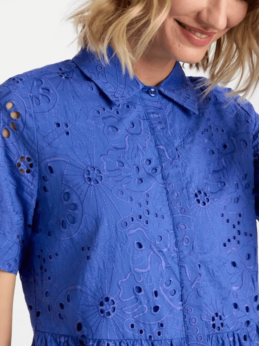 Blue Cotton English Button - Down Tiered Midi Dress - allsose