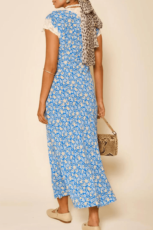 Blue Floral Print Lace Trim Smocked Maxi Dress - allsose