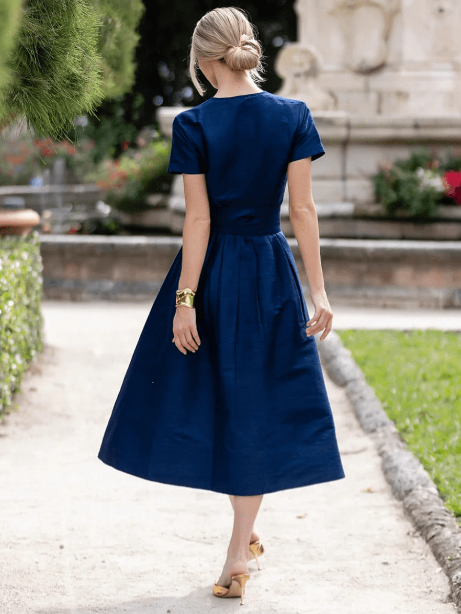 Blue Striped Floral Belt Midi Dress - allsose