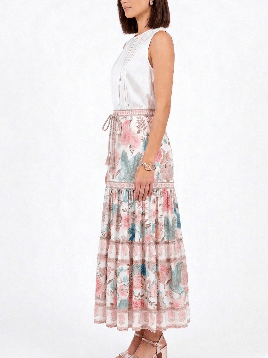 Boho Floral Bird Print Tiered Maxi Skirt | Summer Vacation Chic ✨ - allsose