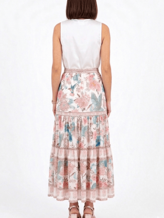 Boho Floral Bird Print Tiered Maxi Skirt | Summer Vacation Chic ✨ - allsose