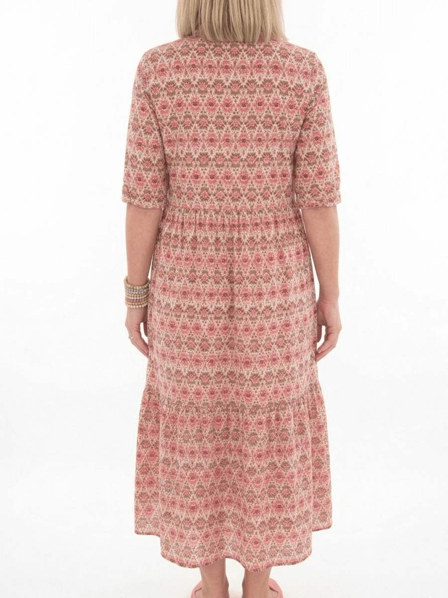 Boho Floral Print Collared Button - Down Tiered Midi Dress - allsose