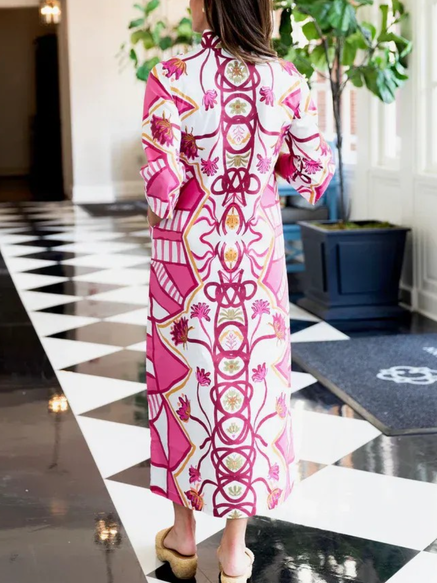 Boho Pink Print 3/4 Sleeve Maxi Caftan - allsose