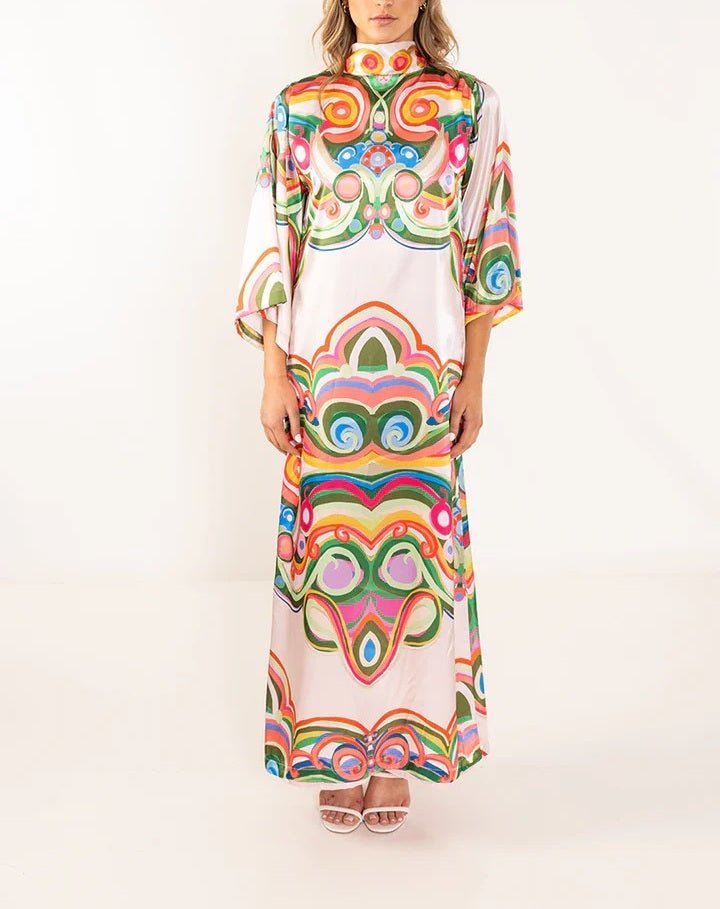 Boho Rainbow Mandarin Collar Dress - allsose