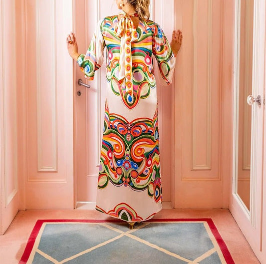Boho Rainbow Mandarin Collar Dress - allsose