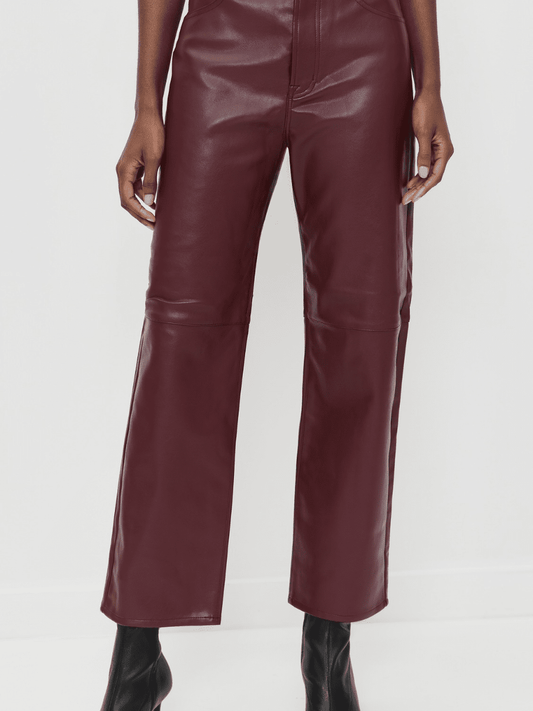 Burgundy Faux Leather High - Waist Wide - Leg Cropped Pants - allsose