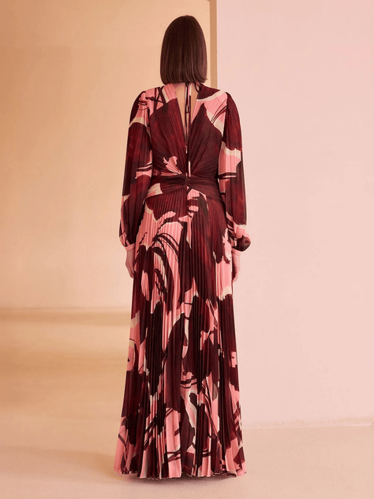 Burgundy Pink Abstract Print Pleated Maxi Dress - allsose