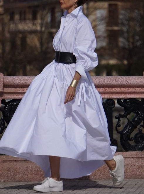 Collar Solid Color Dress - allsose