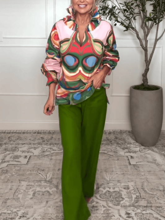 Colorful Abstract Print Ruffle V - Neck Puff Sleeve Shirt - allsose