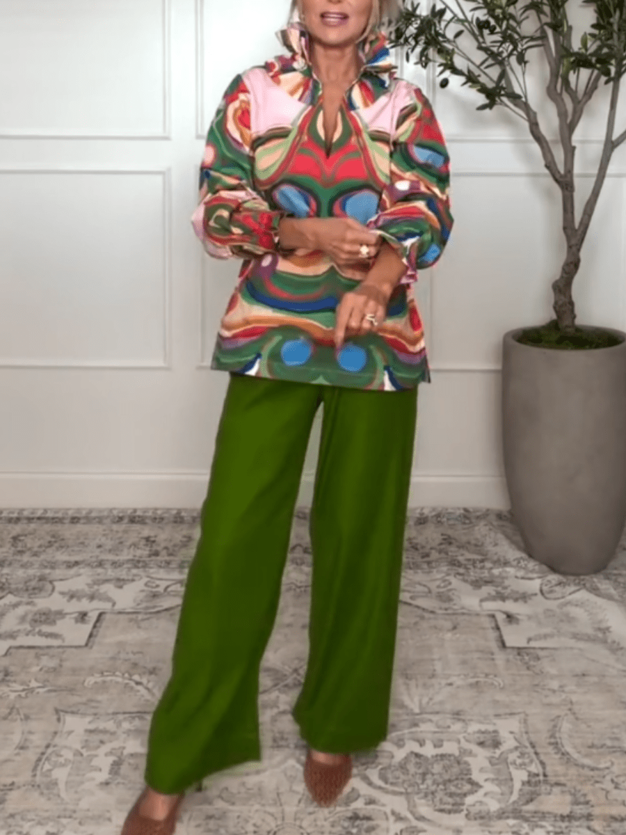 Colorful Abstract Print Ruffle V - Neck Puff Sleeve Shirt - allsose