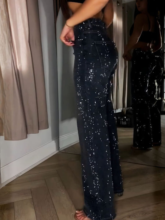 Diamond Wide Leg Sparkle Covered Jeans - allsose