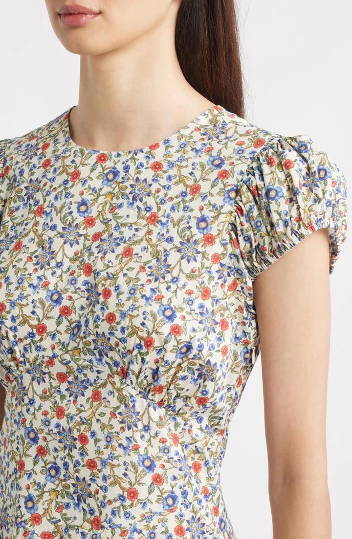 Ditsy Floral Puff Sleeve Midi Dress - allsose