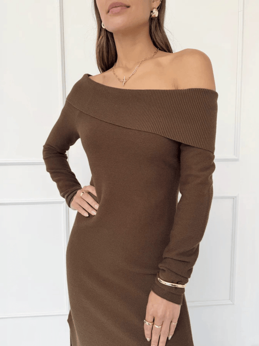 Elegant Off Shoulder Bodycon Knit Dress - Long Sleeve Belted Maxi Dress For Fall & Winter - allsose