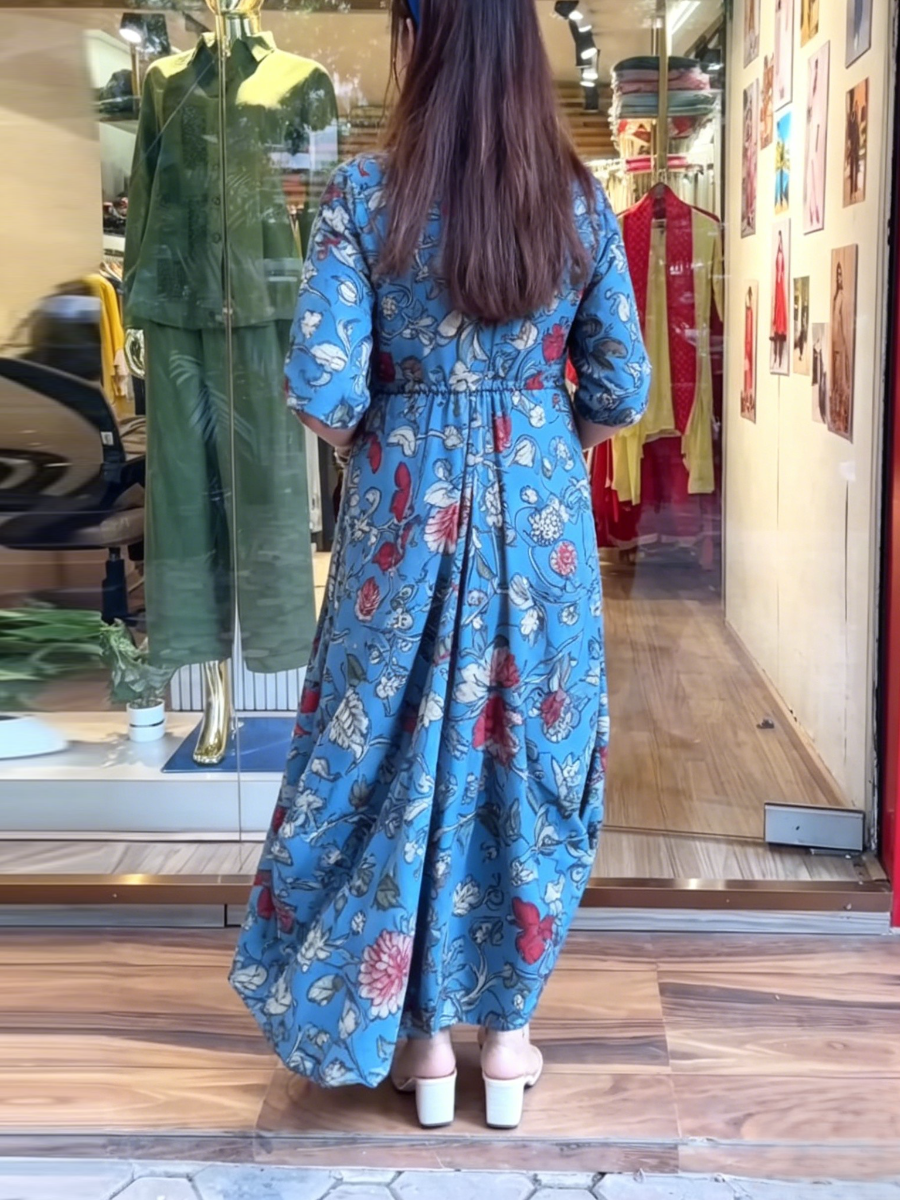 Ethnic Botanical Drape Hem Long Dress - allsose