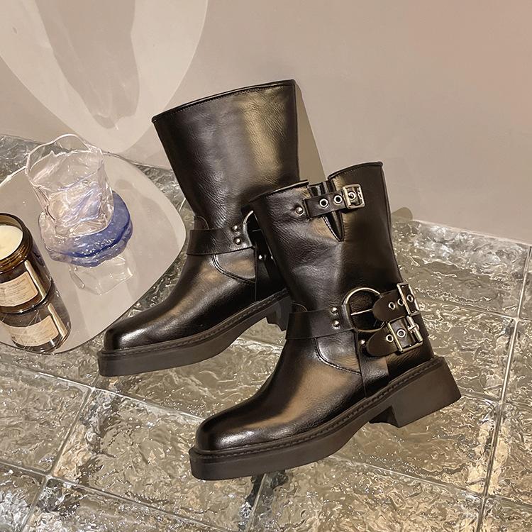 Faux Leather Buckle Strap Mid Calf Boots - allsose