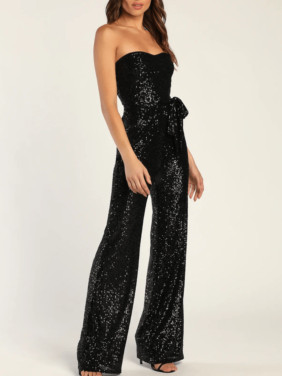 Glam Strapless Sequin Belted Wide - Leg Evening Jumpsuit - allsose