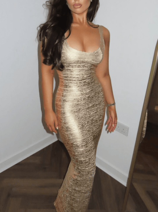 Glamorous Shimmer Gold Form - Fitting Evening Maxi Dress - allsose