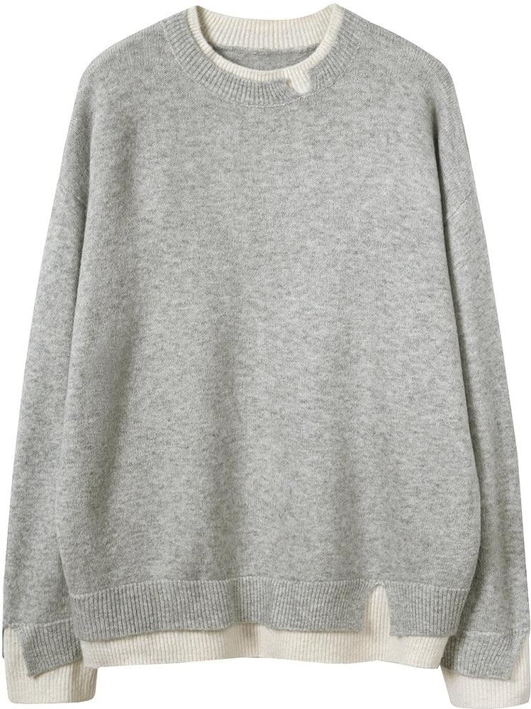 Gray and White Oversized Cut - Out Long Sleeve Twofer Sweater - allsose