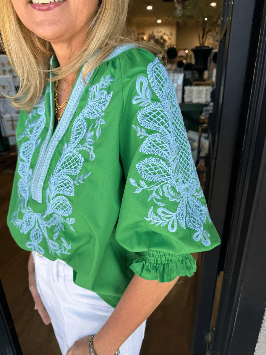 Green And Light Blue Floral Embroidered V - Neck Blouse - allsose