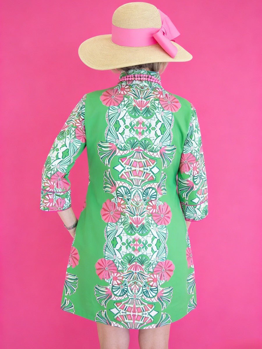 Green Pink Floral Print Tunic Dress | Resort Wear With Mandarin Collar & 3/4 Sleeves - allsose
