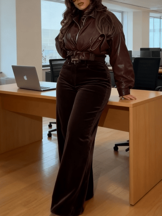 High - Waisted Chocolate Brown Velvet Wide - Leg Pants - allsose