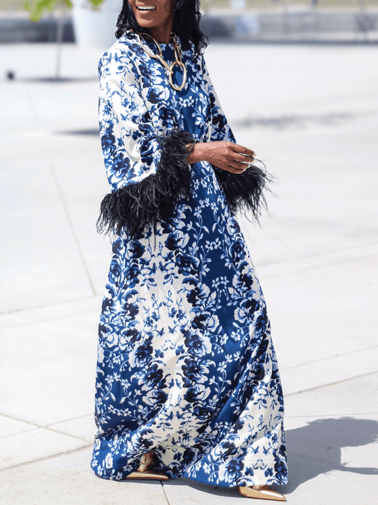 Indigo Reflection Feather Maxi Dress - allsose