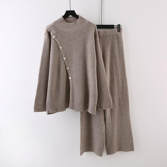 Knitted 2pc Set With Oblique Button - allsose