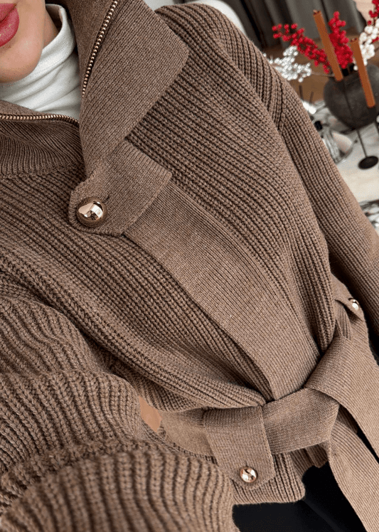 Lace - Up Waisted Sweater Jacket - allsose