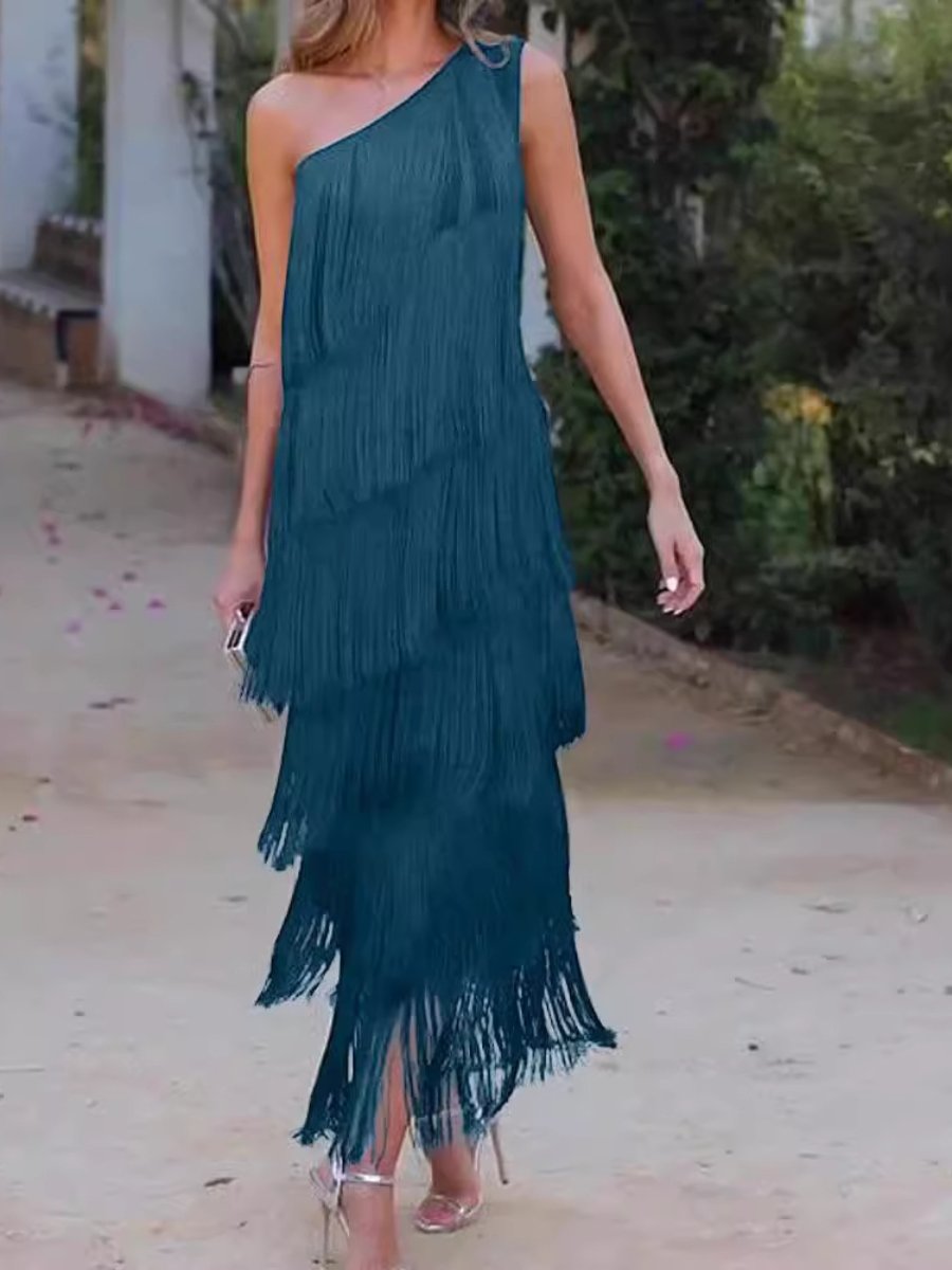 Layered Fringed Slant Shoulder Sleeveless Slim Fit Prom Party Midi Dresses - allsose