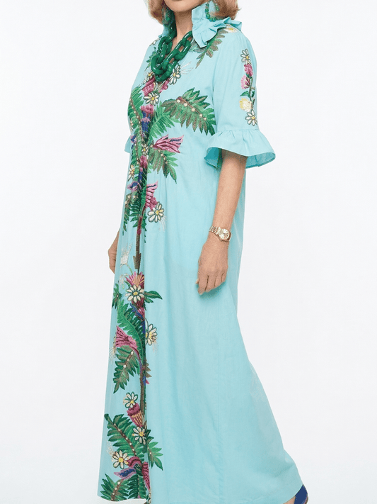 Light Blue Floral Applique Ruffle Collar Maxi Dress With Pockets - allsose