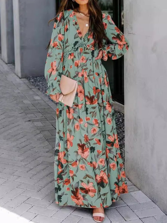 Long Sleeve Floral Maxi Dress - allsose