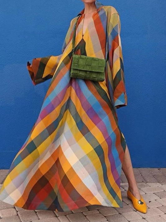Loose Long Sleeve Color Block Side Split Maxi Dress - allsose