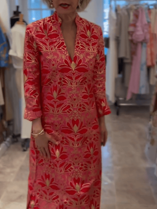 Luxury Red Pink Gold Floral Brocade Midi Dress - allsose