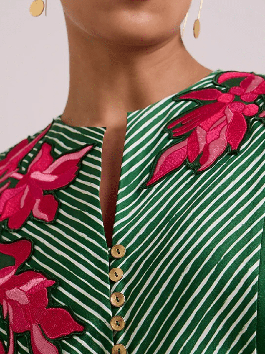 Multi - Colored Bemberg Cotton Satin Floral Printed Dress - allsose