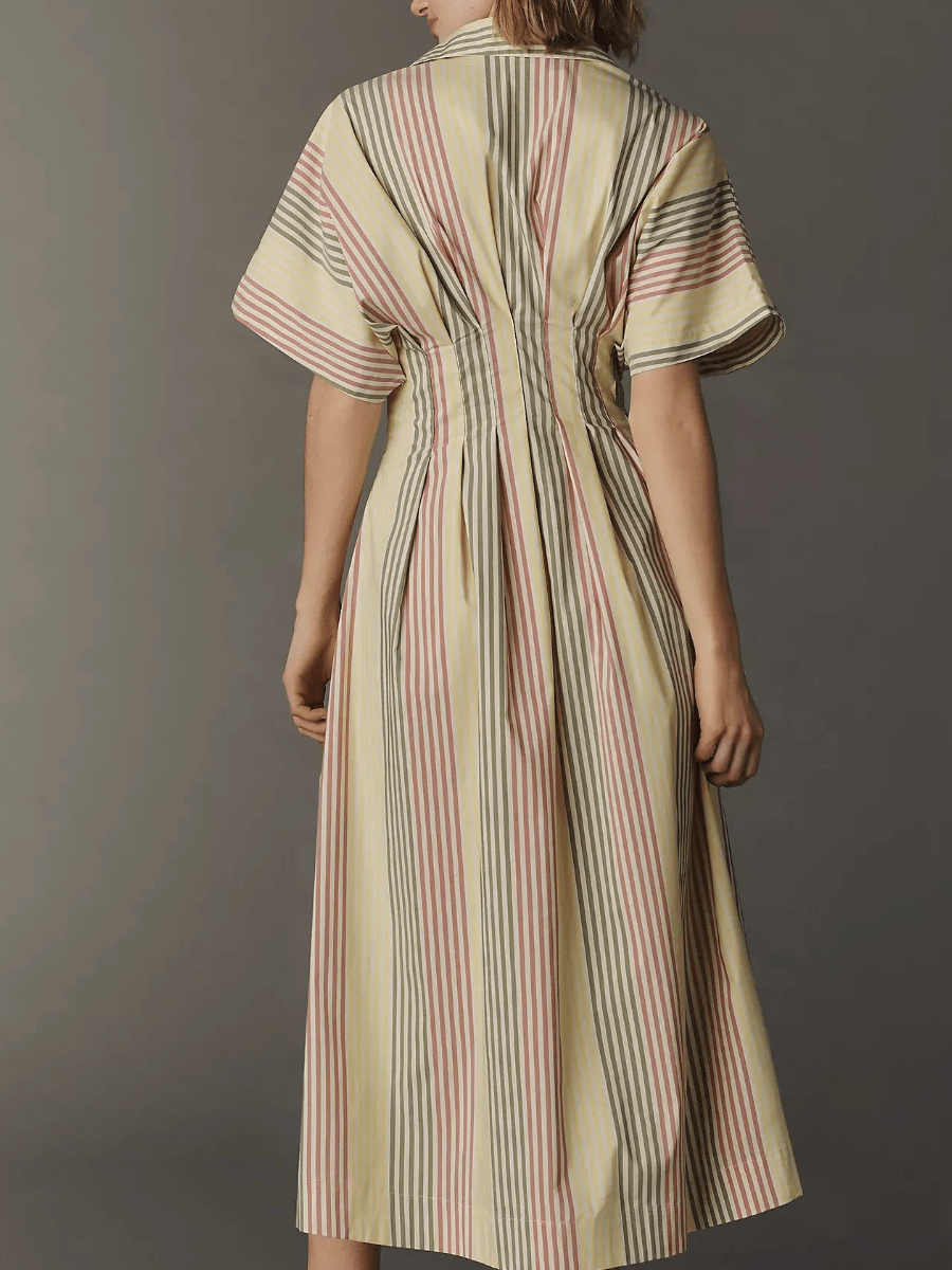 Multicolor Stripe Pleated Waist Cotton Midi Shirt Dress - allsose