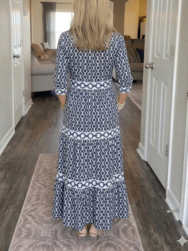 Navy Chain Print Tiered Maxi Dress - allsose