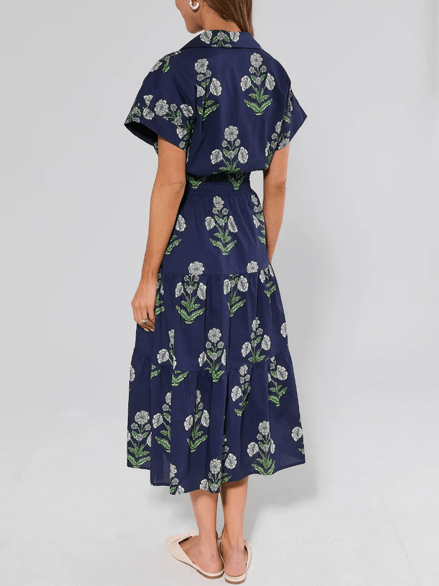 Navy Floral Print Midi Dress - allsose