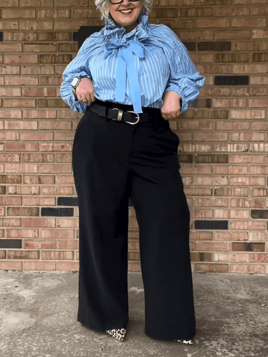 Plus Size Blue Striped Ruffle Neck Bow Blouse With Balloon Sleeves - allsose