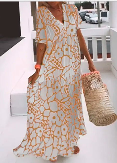 Printed Short - Sleeve V - Neck Dress - allsose