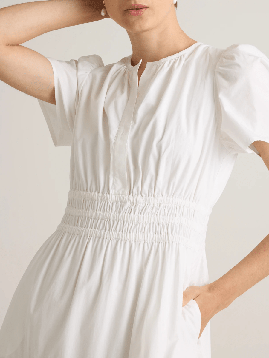 Pure White Cotton Tiered Maxi Dress - Split Neck Smocked Waist Casual Dress - allsose