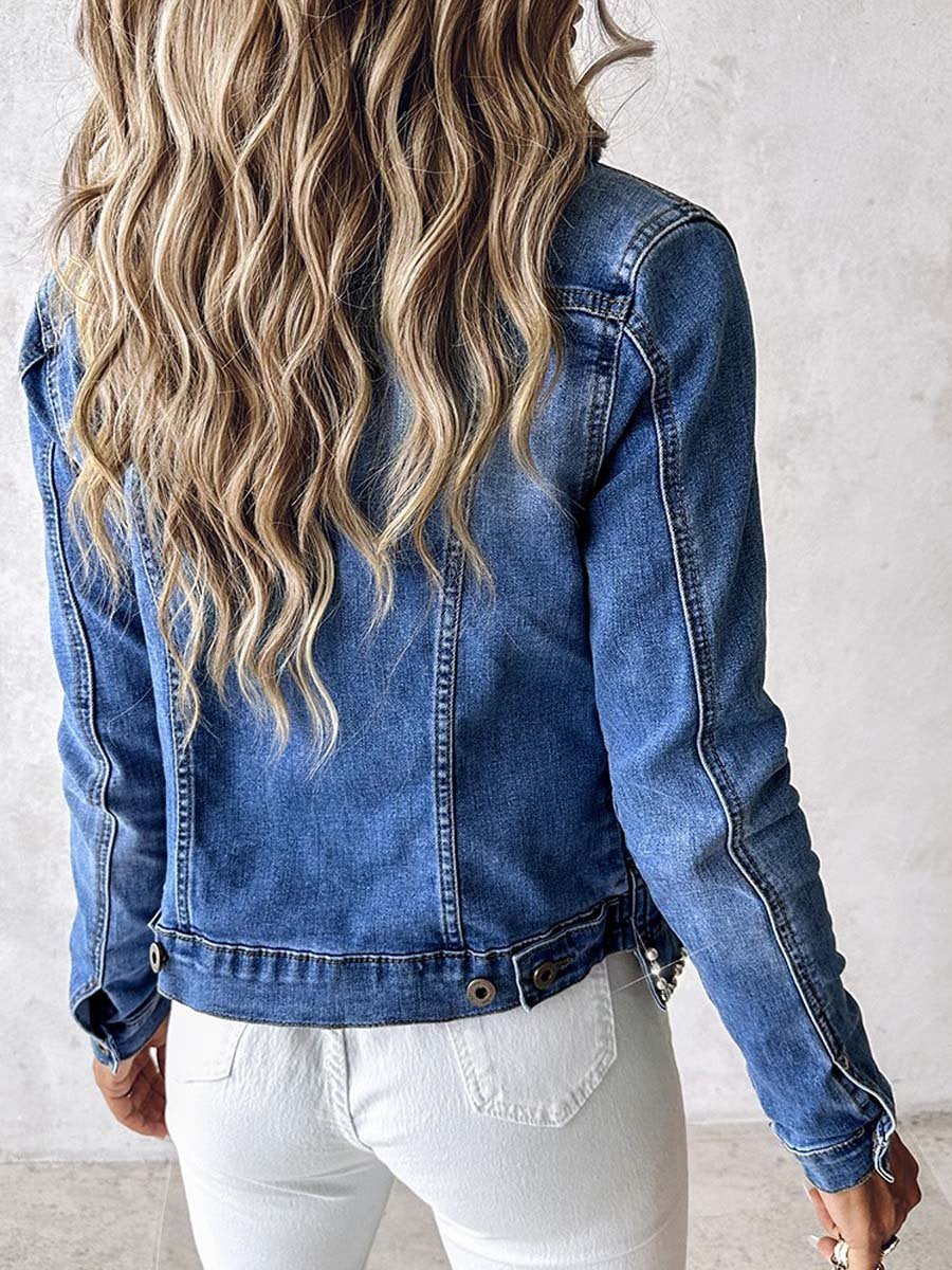Rhinestone Pearl Decor Denim Jacket - allsose