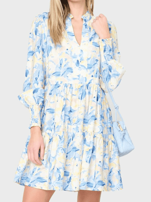 Ruffle Collar Smocked Waist Floral Print Shift Dress - allsose