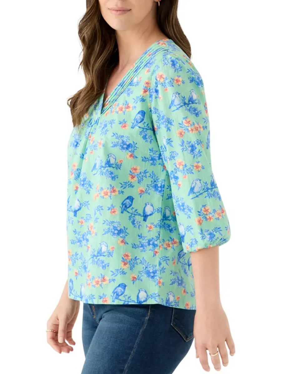 Spring Bird Floral Print Pleated V - Neck Puff Sleeve Top - allsose
