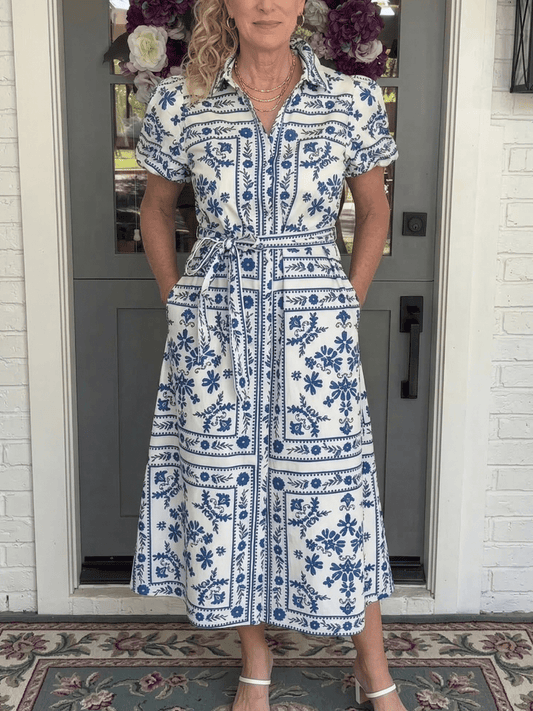 The Mediterranean Tile Midi Dress - Blue & Whi - allsose