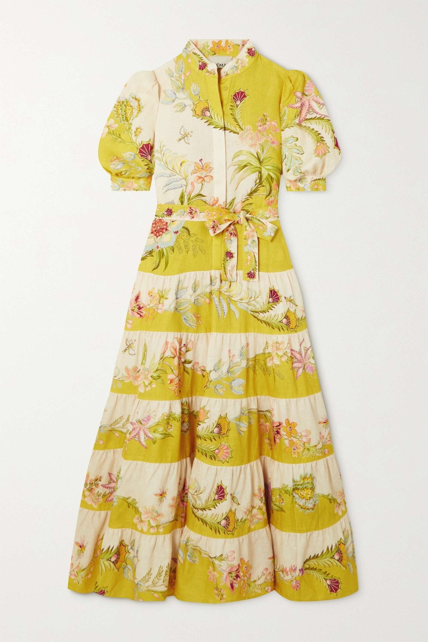 The Tiered Midi Dress in Lemon / Cream - allsose