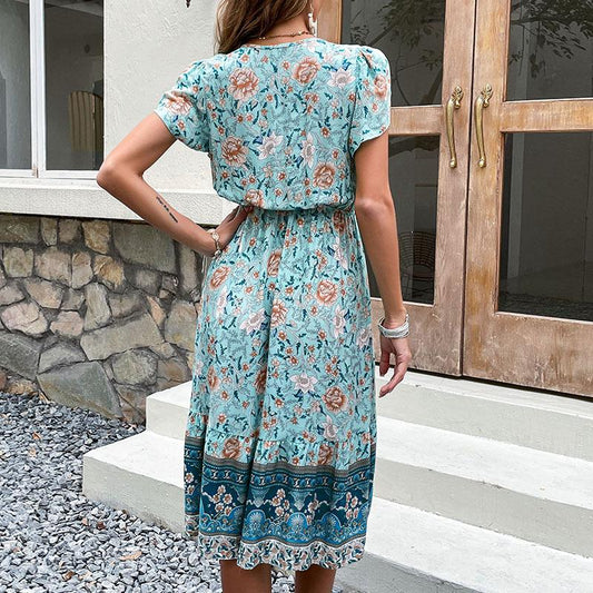 V - Neck Short Sleeve Vintage Print Dress - allsose