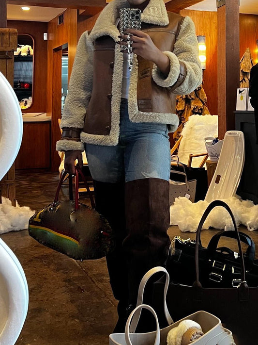 Vintage Faux Leather Oversized Stand Collar Jacket - allsose