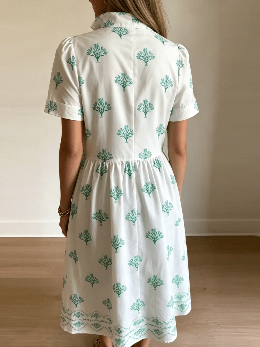 White Green Palm Print Tiered Dress - allsose